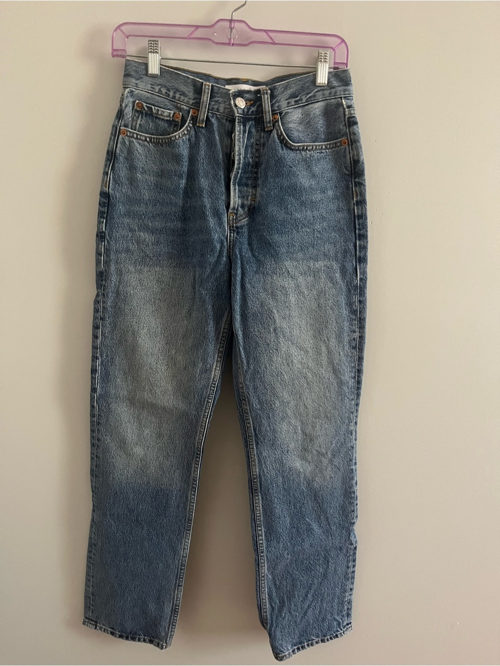 Topshop Straight Leg Jeans in Washed Blue Denim